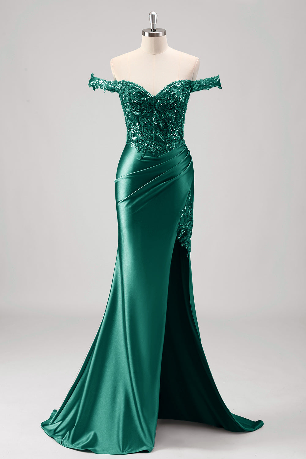 Sparkly Grey Green Mermaid Off The Shoulder Sequins Metallic Prom Dress with Slit