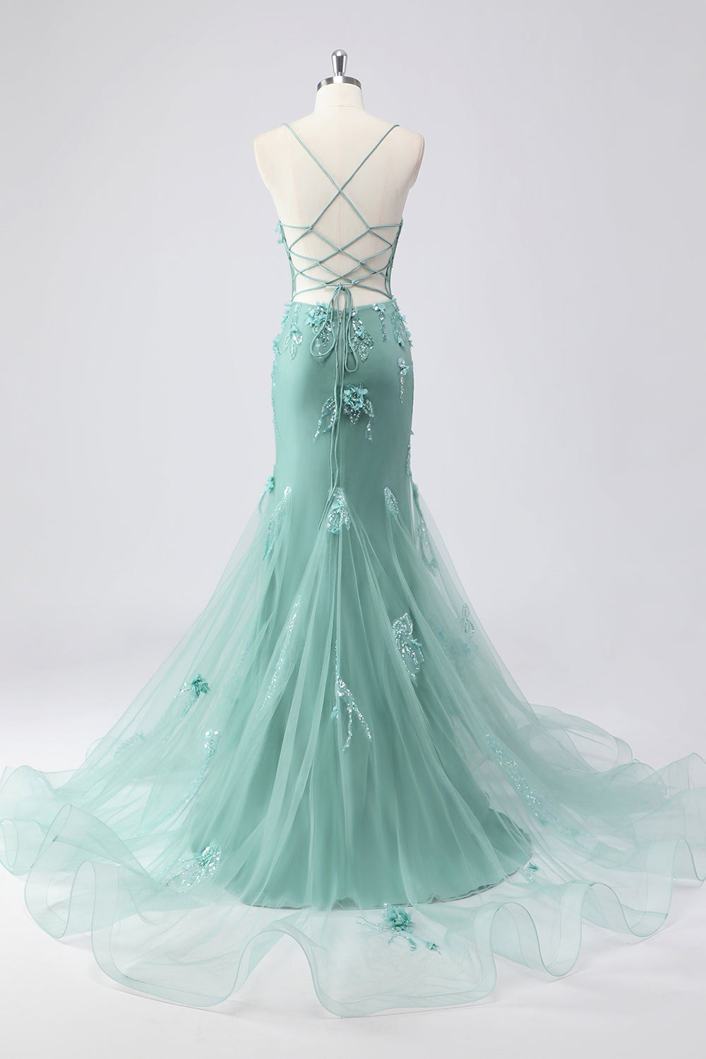 Blue Mermaid Spaghetti Straps Tulle Long Corset Prom Dress with 3D Flowers
