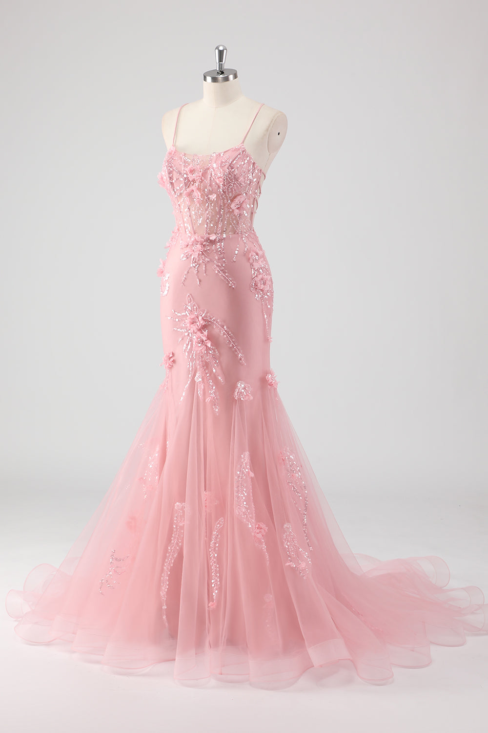 Blue Mermaid Spaghetti Straps Tulle Long Corset Prom Dress with 3D Flowers