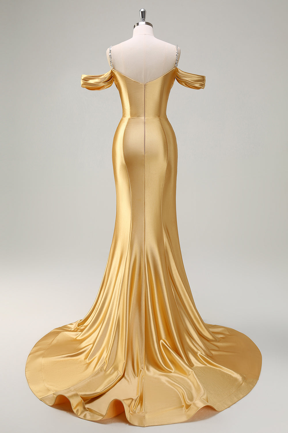 Sparkly Golden Mermaid Cold Shoulder Sequined Ruched Satin Long Prom Dress