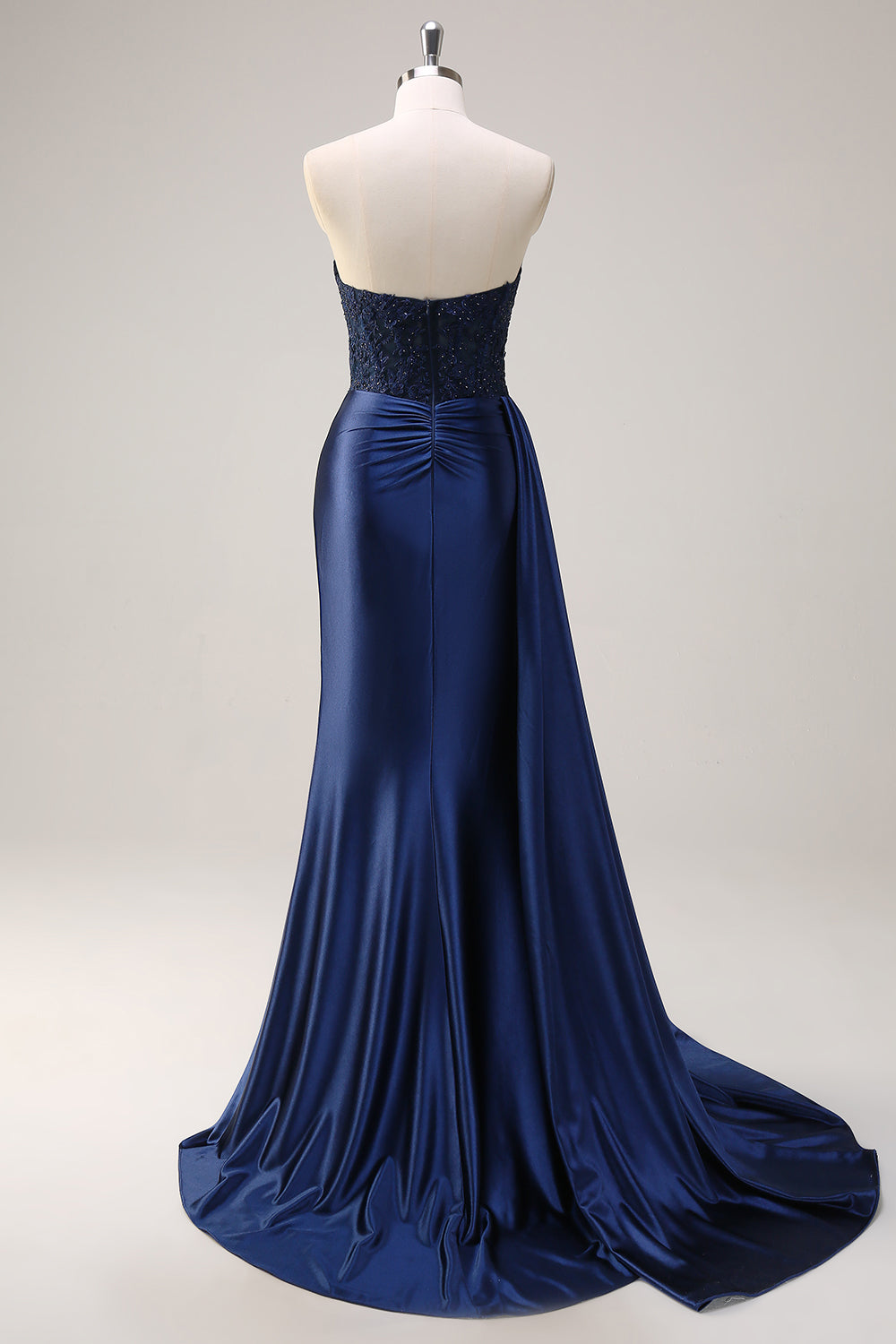 Navy Blue Mermaid Strapless Side Streamer Ruched Corset Long Prom Dress With Slit