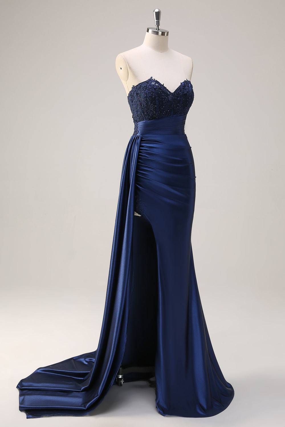 Navy Blue Mermaid Strapless Side Streamer Ruched Corset Long Prom Dress With Slit