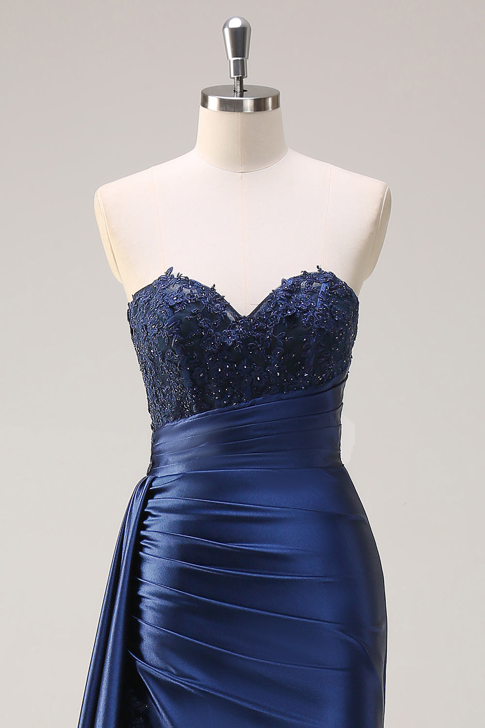 Navy Blue Mermaid Strapless Side Streamer Ruched Corset Long Prom Dress With Slit
