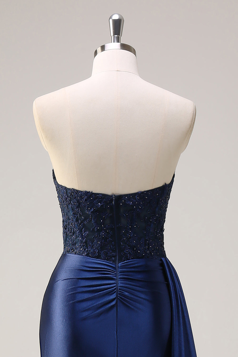 Navy Blue Mermaid Strapless Side Streamer Ruched Corset Long Prom Dress With Slit