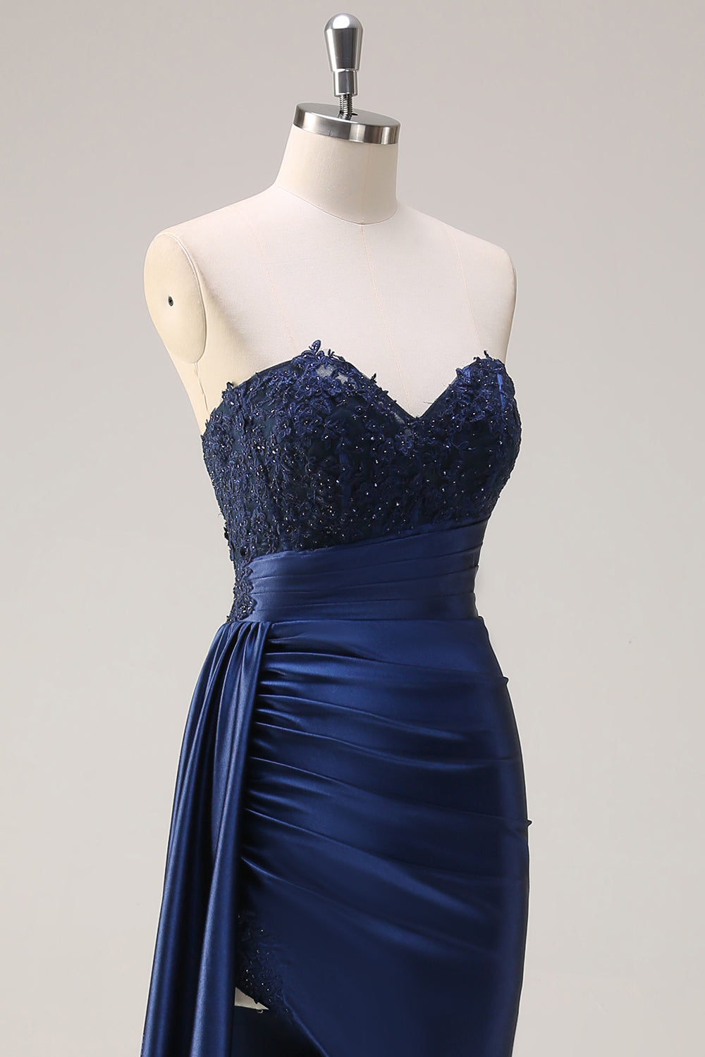 Navy Blue Mermaid Strapless Side Streamer Ruched Corset Long Prom Dress With Slit