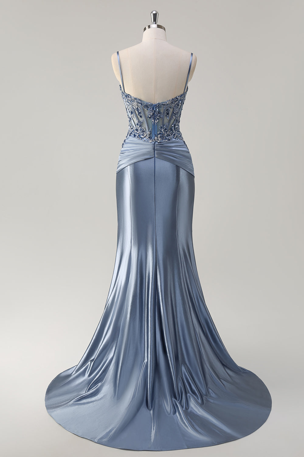 Sparkly Grey Blue Mermaid Spaghetti Straps Corset Long Prom Dress with Appliques
