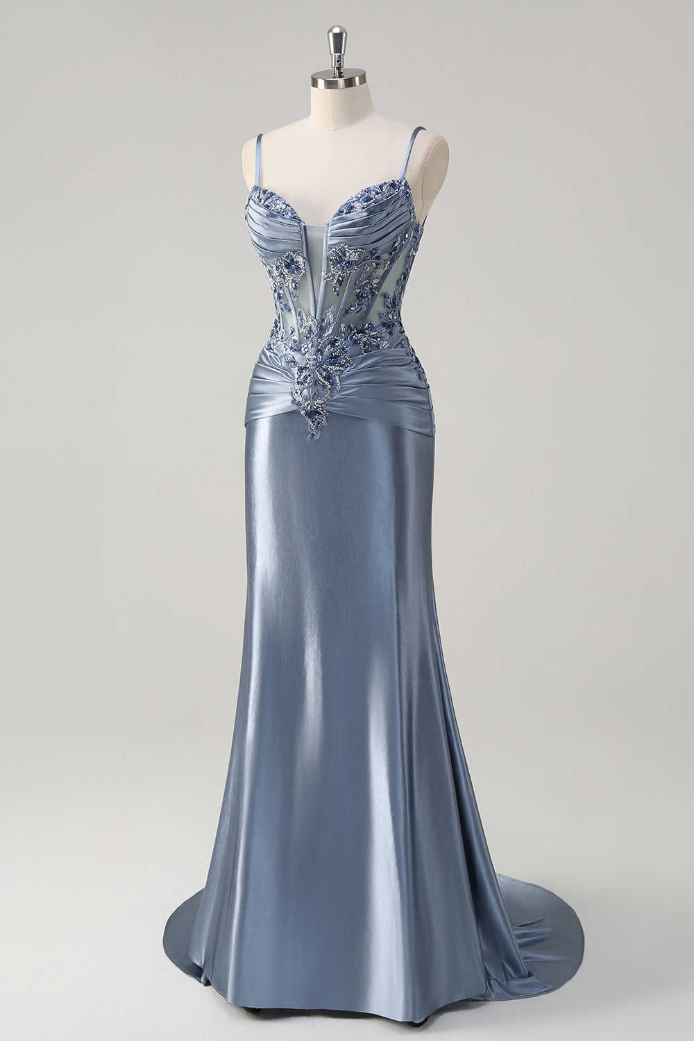Sparkly Grey Blue Mermaid Spaghetti Straps Corset Long Prom Dress with Appliques