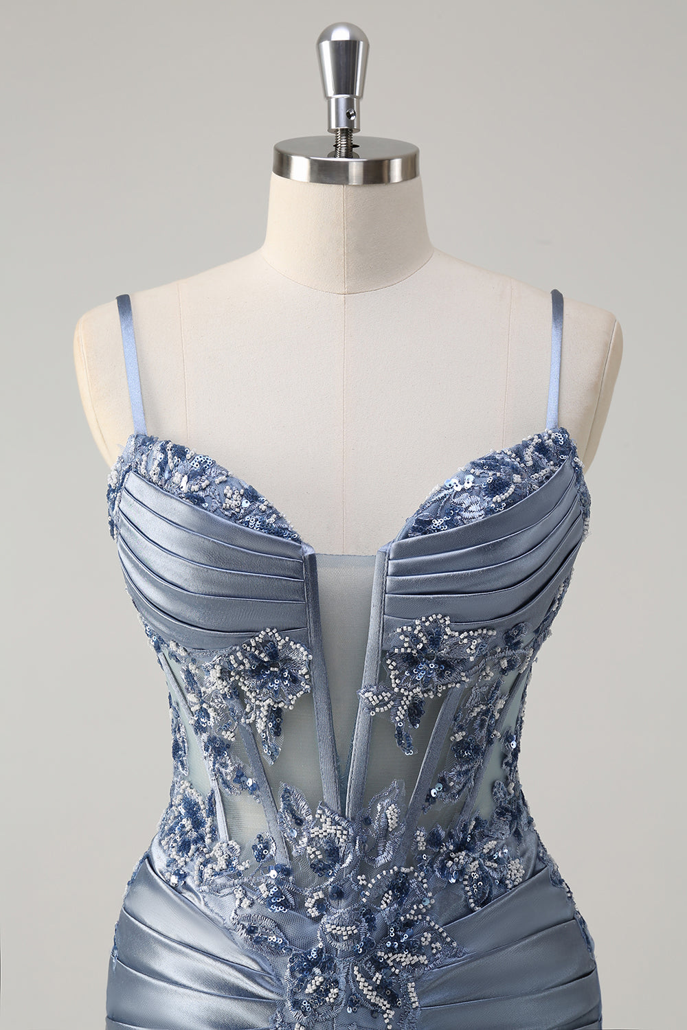 Sparkly Grey Blue Mermaid Spaghetti Straps Corset Long Prom Dress with Appliques
