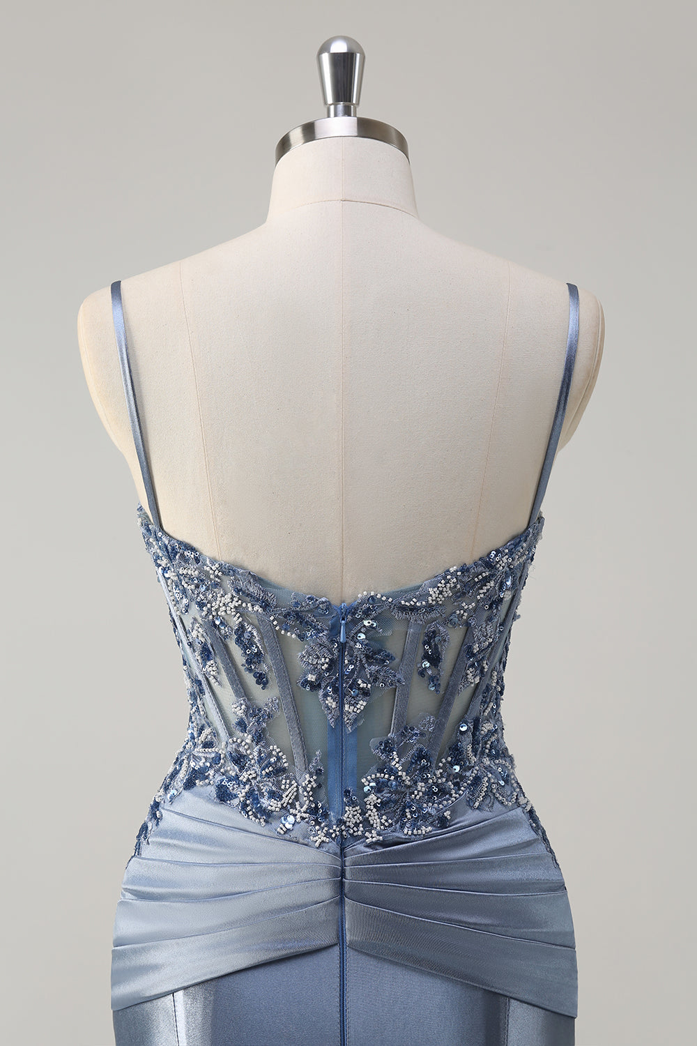 Sparkly Grey Blue Mermaid Spaghetti Straps Corset Long Prom Dress with Appliques