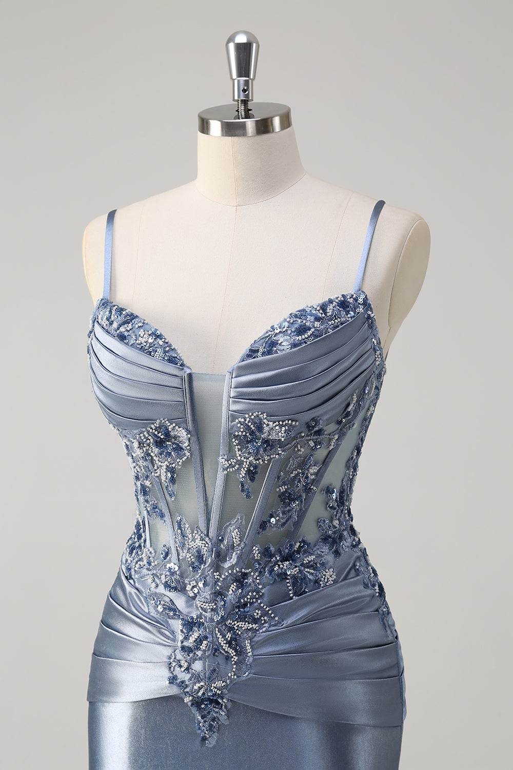 Sparkly Grey Blue Mermaid Spaghetti Straps Corset Long Prom Dress with Appliques