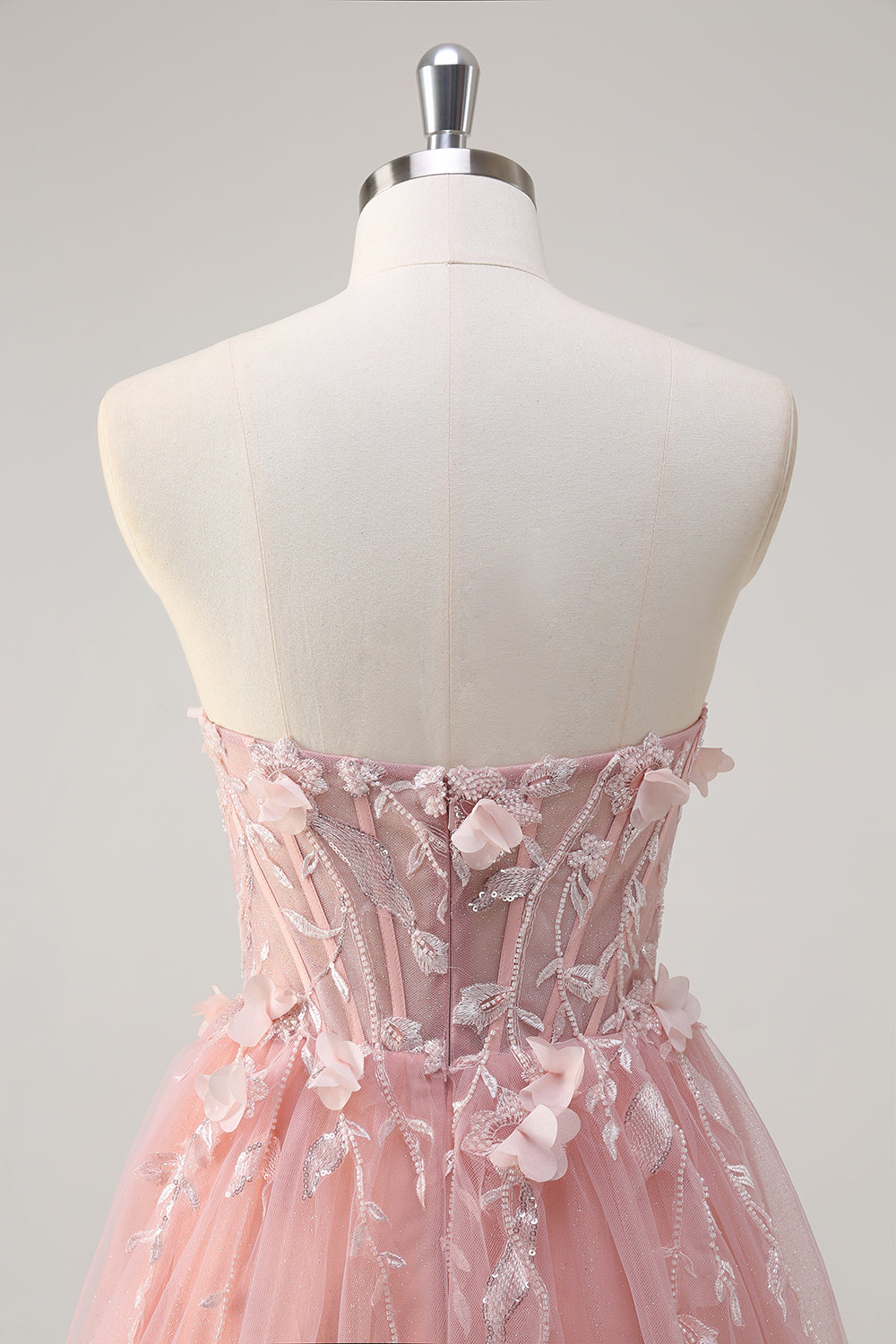 Sparkly Pink A-Line Strapless Flowers Corset Tulle Long Prom Dress with Slit