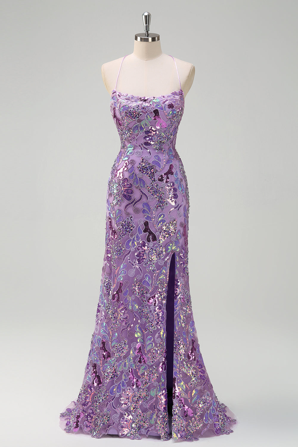 Sparkly Purple Mermaid Spaghetti Straps Sequin Prom Dress with Slit - Fashionpara