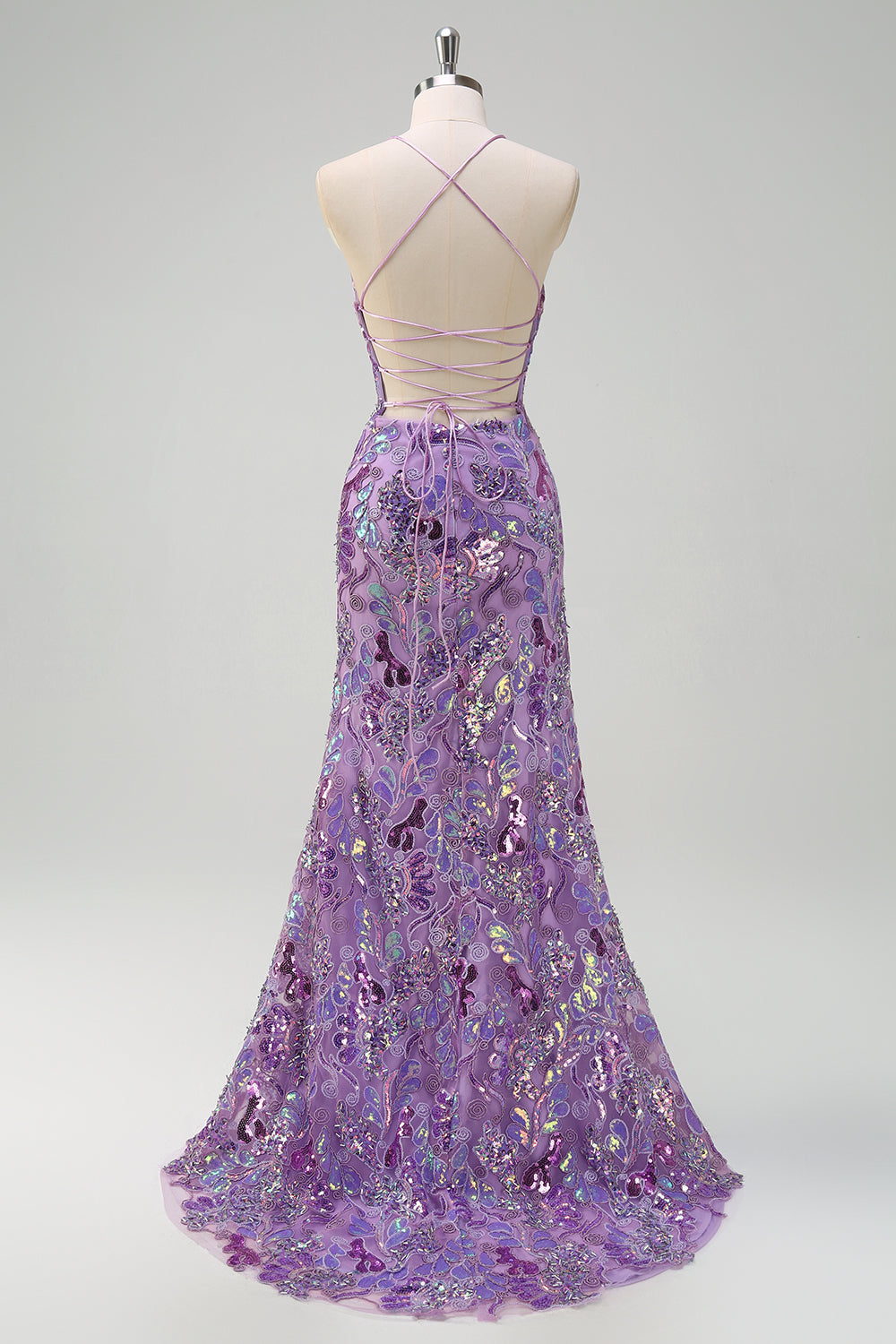 Sparkly Purple Mermaid Spaghetti Straps Sequin Prom Dress with Slit - Fashionpara