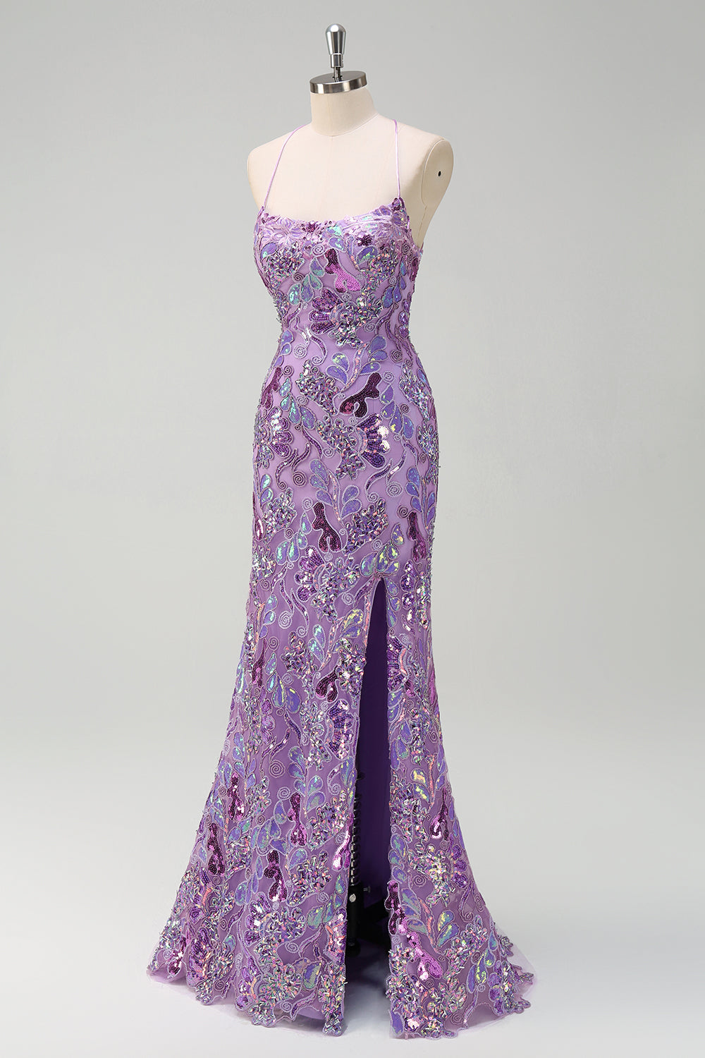 Sparkly Purple Mermaid Spaghetti Straps Sequin Prom Dress with Slit - Fashionpara