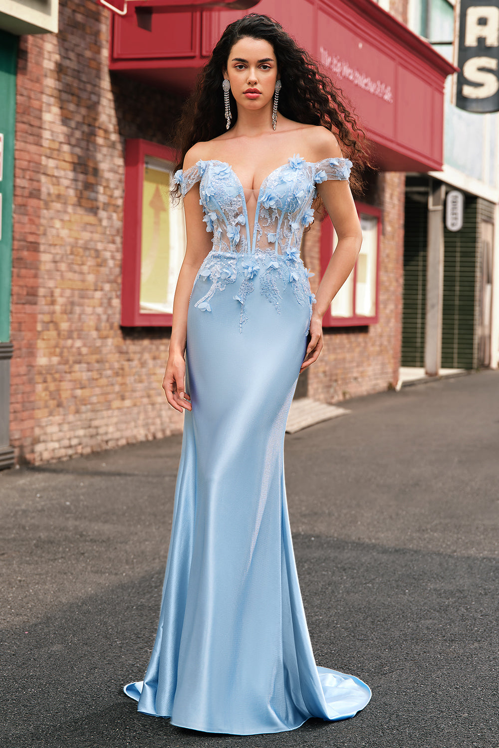Sky Blue Mermaid Off The Shoulder Corset Floral Long Prom Dress with 3D Flowers