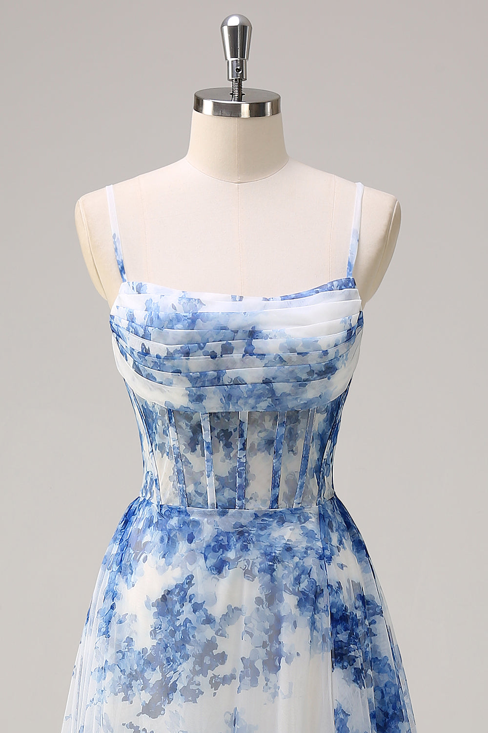White Blue Flower Spaghetti Straps Ruched Corset Long Prom Dress With Slit