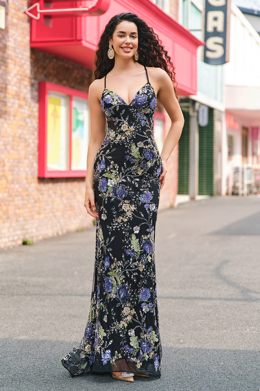 Sparkly Black Floral Mermaid Lace-Up Back Long Prom Dress