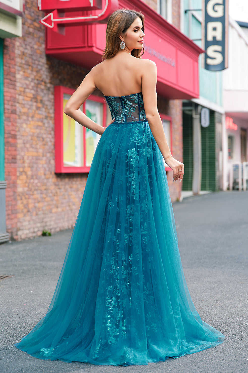 Sparkly Peacock Blue Mermaid Strapless Corset Long Prom Dress with Slit