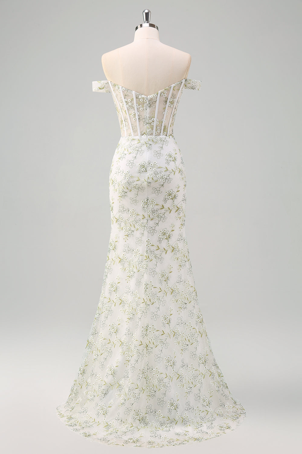 Light Green Mermaid Off the Shoulder Corset Long Prom Dress with Embroidery