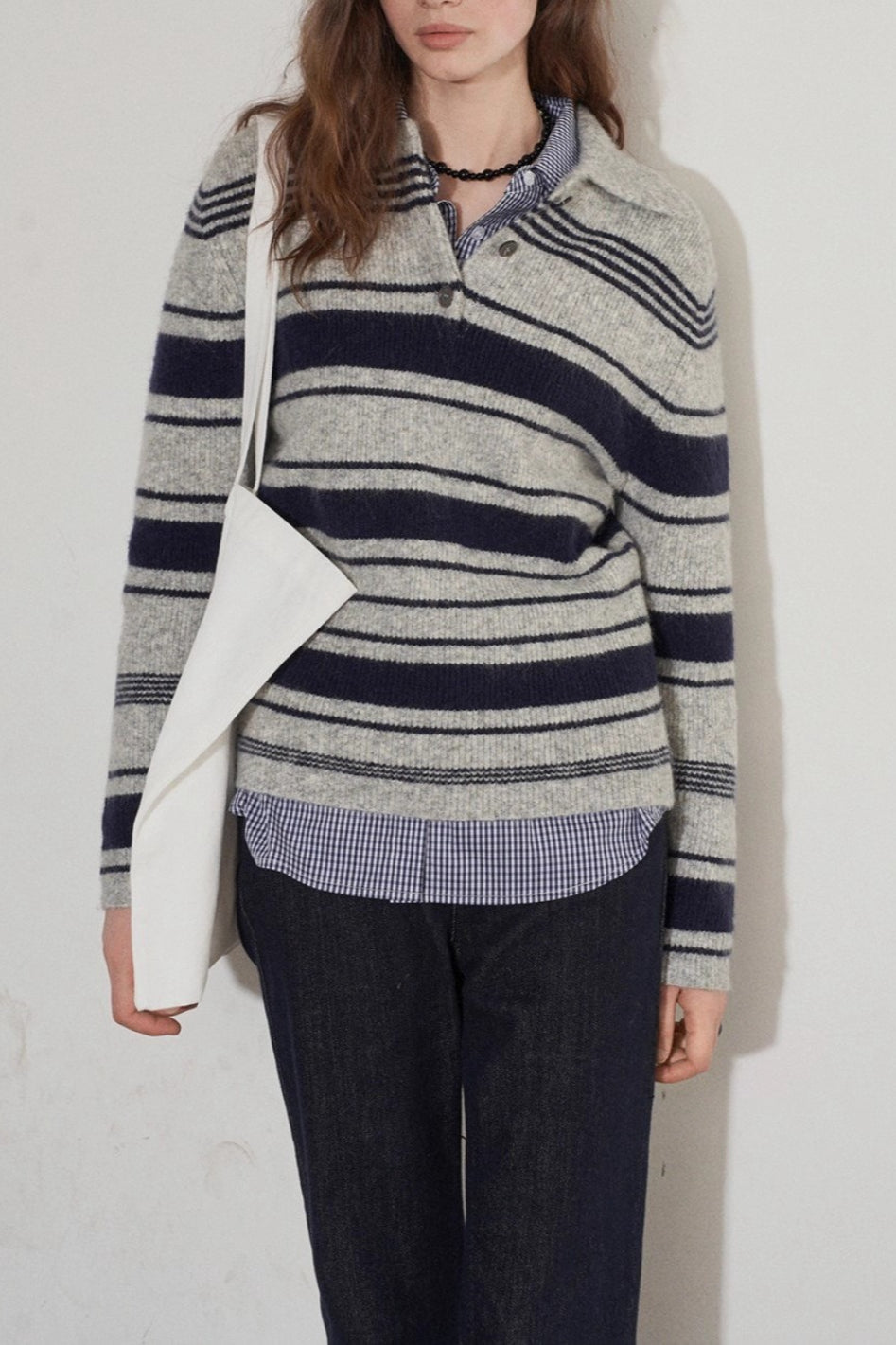 Stripe Polo Collar Knit Top