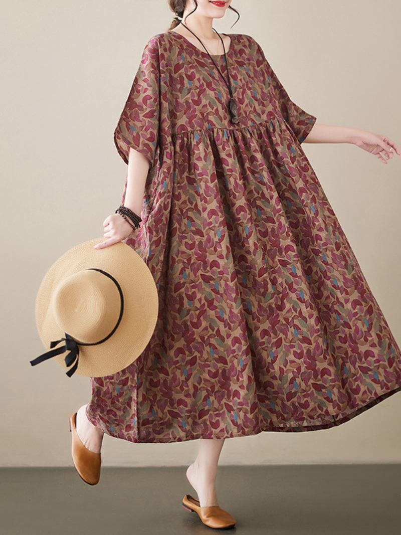 Leaf Print Round Neck Pleated Smock Midi Dress 5