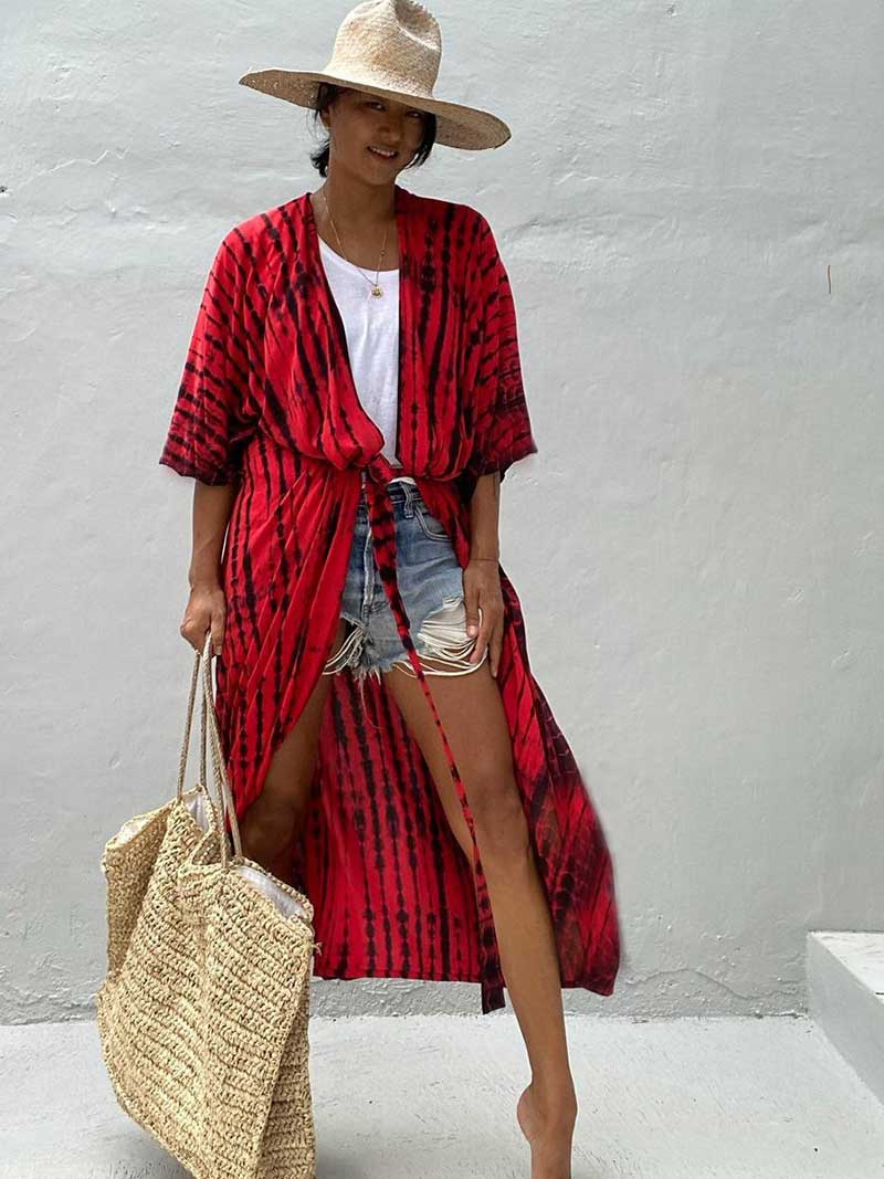 Tie-Dye Print Different Colors Rayon Long Length Gown Kimono Duster Robe - Fashionpara