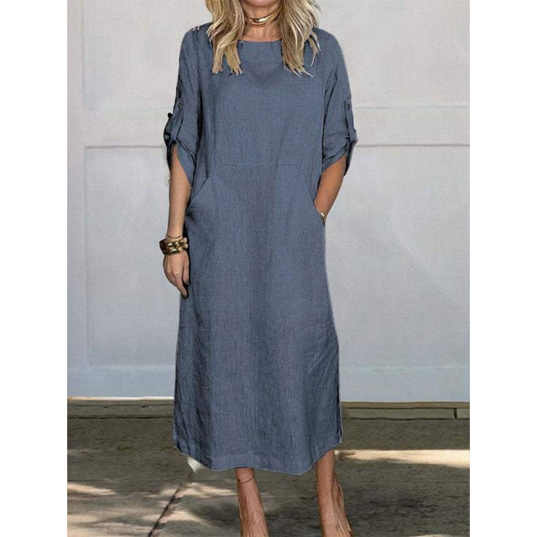 Round Neck Roll Tab Sleeve Pocket Side Slit Shift Maxi Dress - View 3