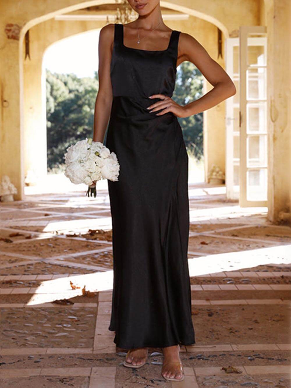 Satin Square Neck Ruched High Split Maxi Dress - View 11