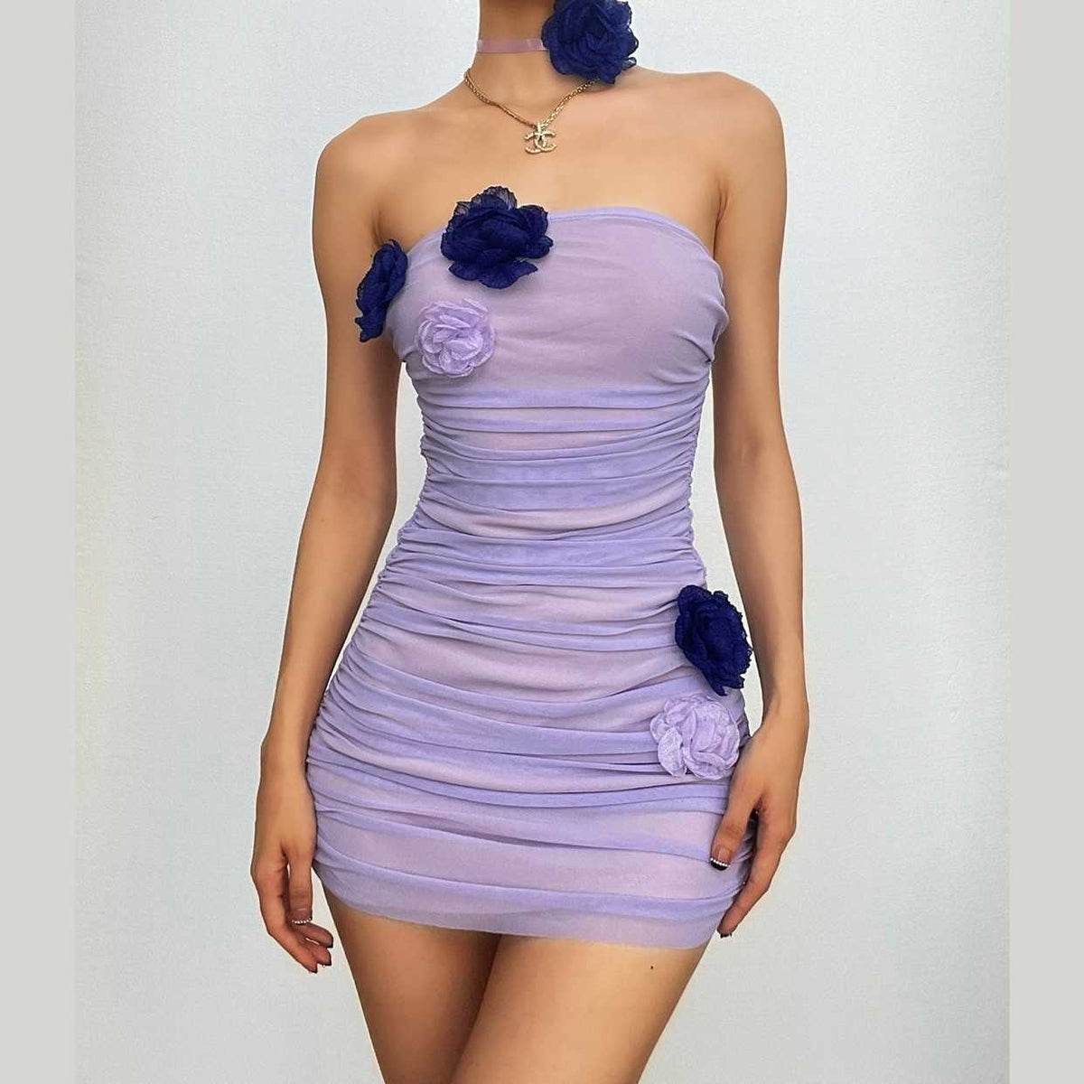 Strapless Rosette Ruched Mesh Backless Bodycon Mini Dress - View 3