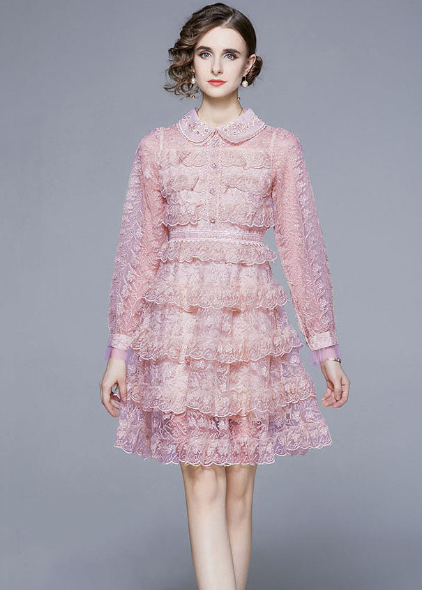 Lace Peter Pan Collar Button Front Tiered Ruffle Mini Dress