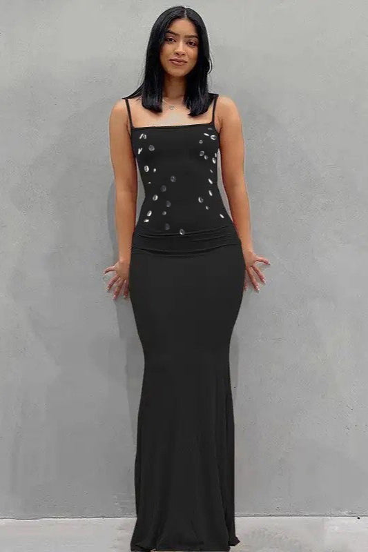 Sexy Sleeveless Rhinestone Waist Cinch Maxi Dress