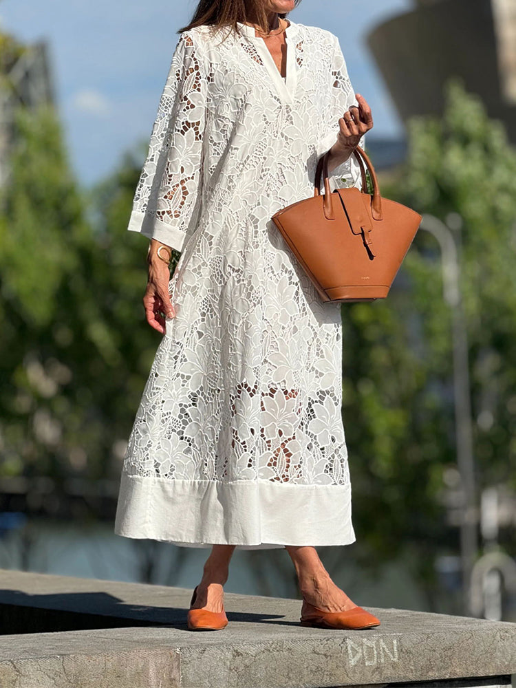 Eyelet Lace Long Sleeve Standing Collar Wide Hem Band Maxi Dress - View 3
