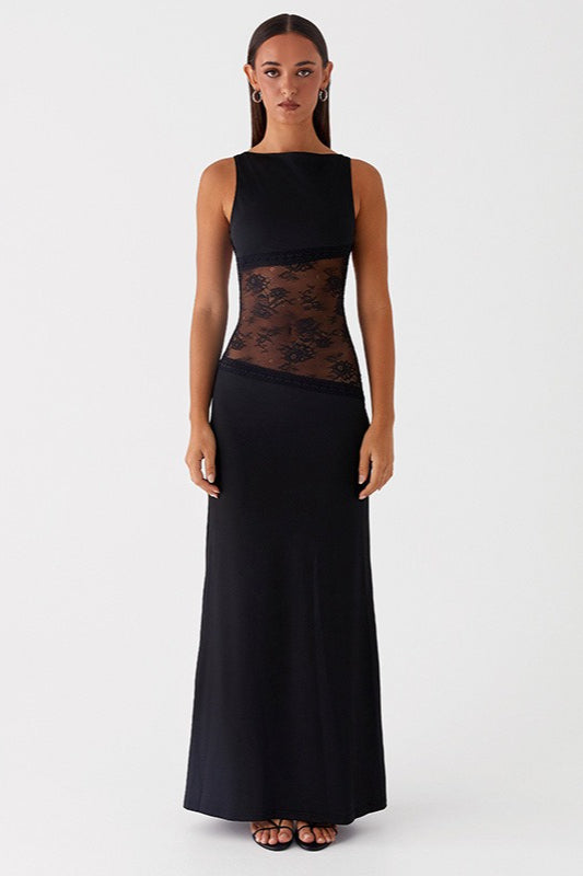 Lace Panel High Neck Backless Mermaid Maxi Dress 2