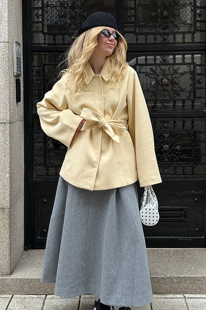 Elegant Belted Midi Wool Blend Coat for Sophisticated Style