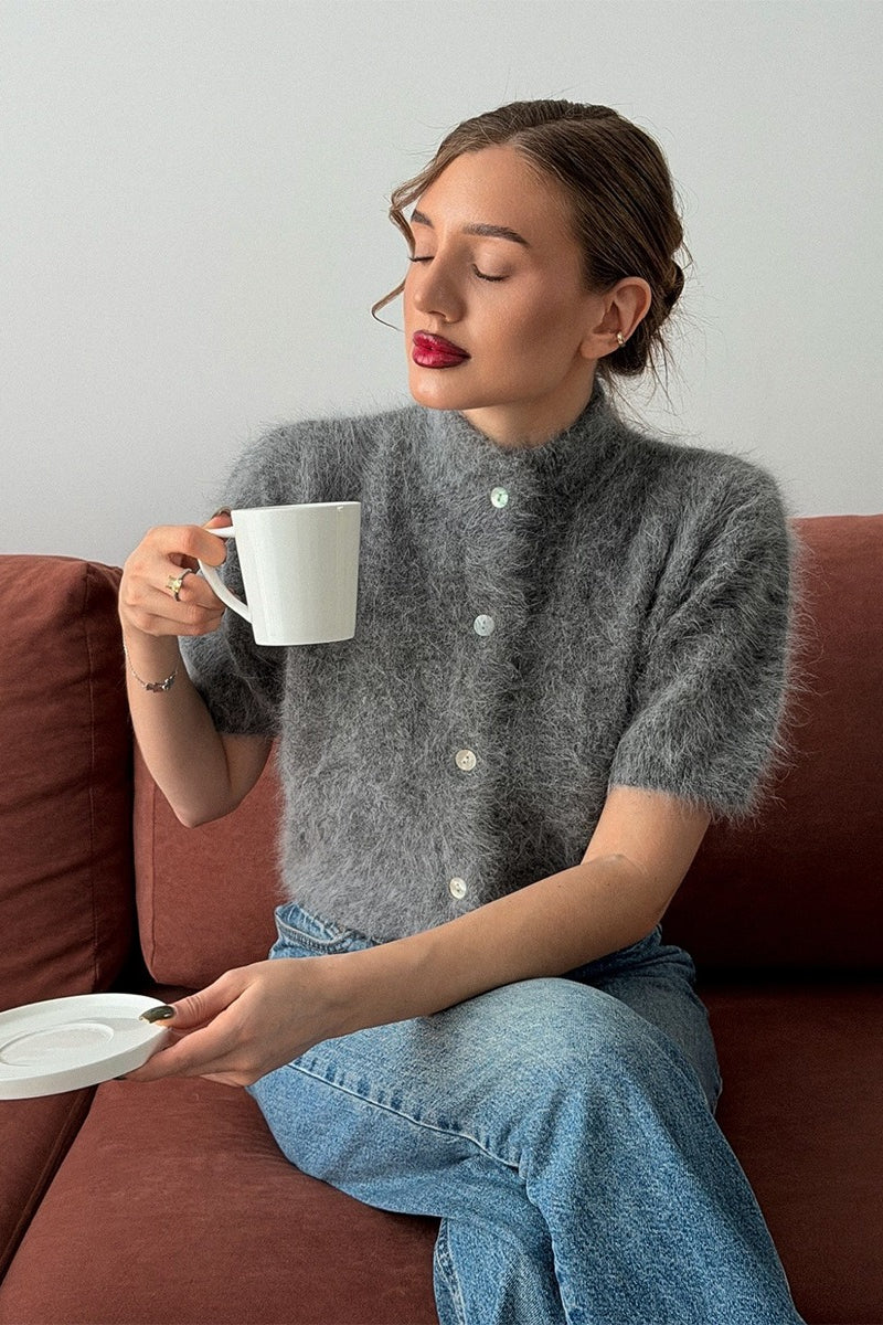 Fuzzy Short Sleeve Button Front Knit Sweater
