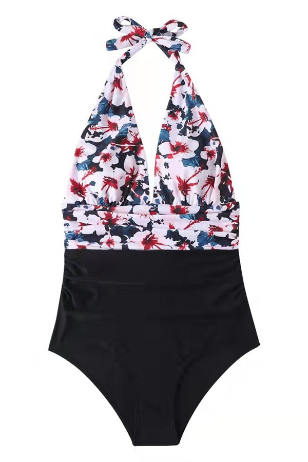 Deep V Open Back Leaf Print One-piece Swimsuit - Fashionpara