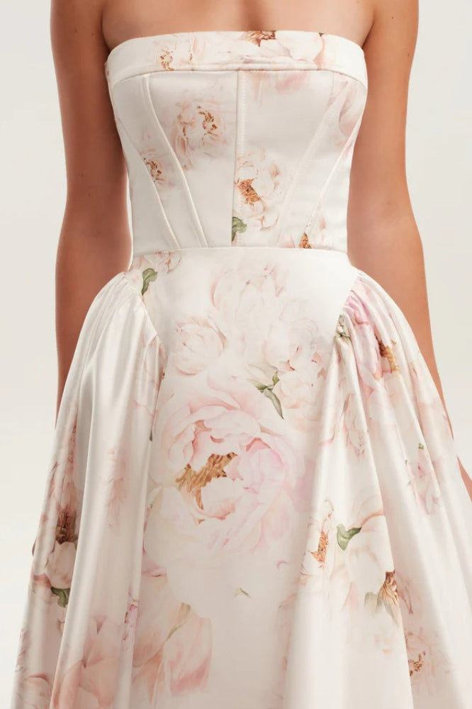 Floral Print Strapless Pleated A-Line Ball Gown