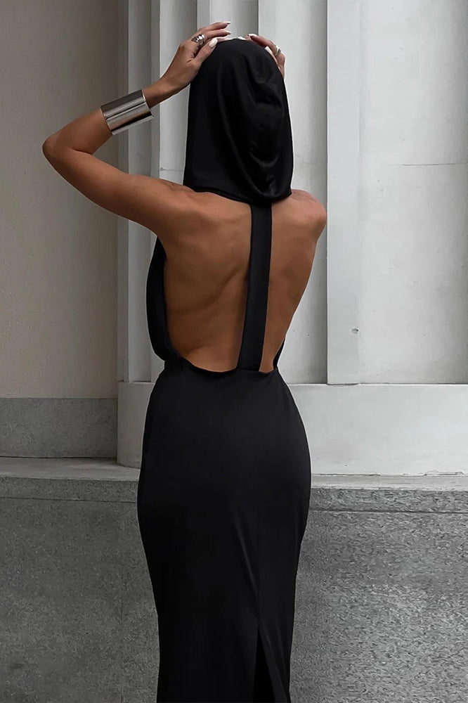 Hooded Halter Neck Plunge Open Back Mermaid Gown