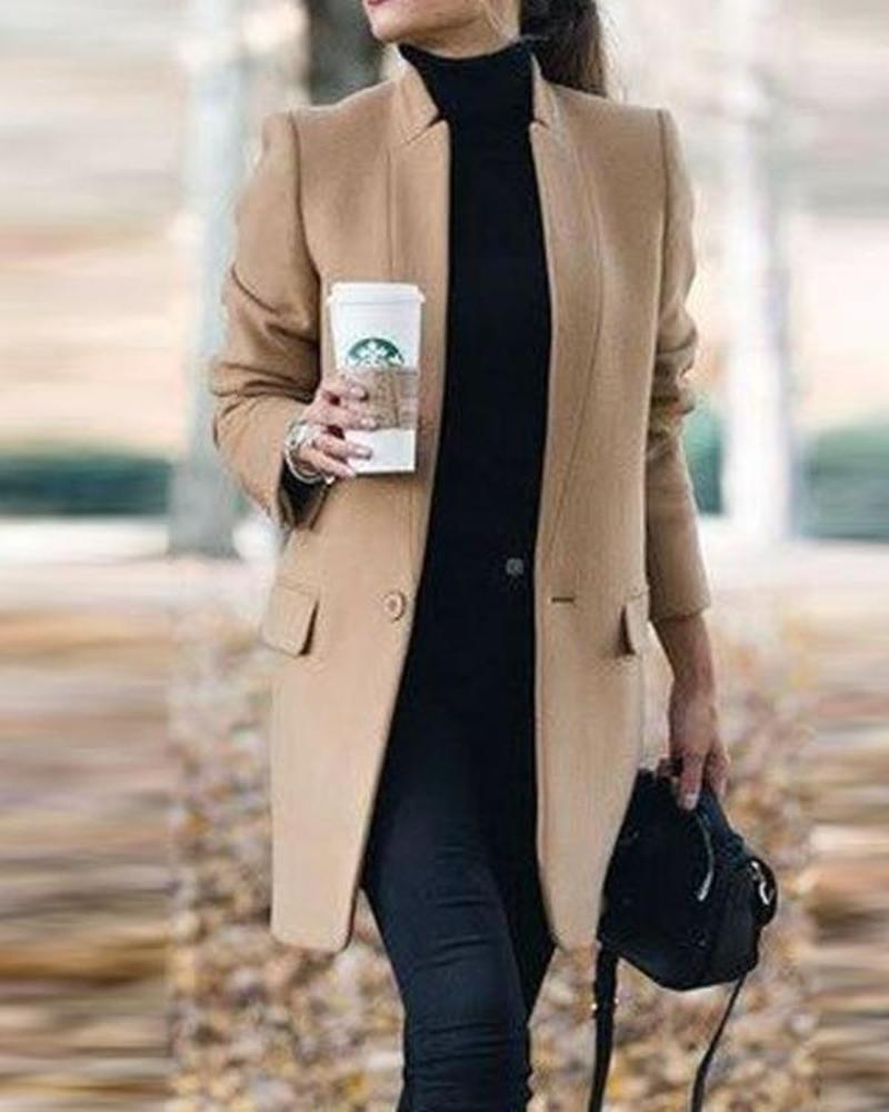 Solid Color Stand-Up Collar Pocket Coat Fashionpara