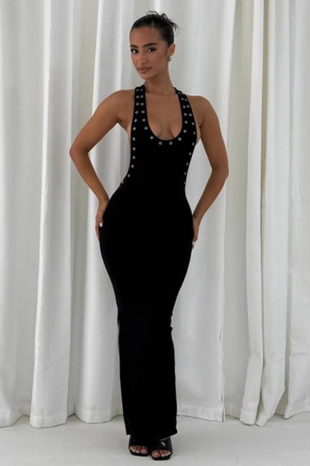 Grommet Trim Cut-Out Plunge Bodycon Dress