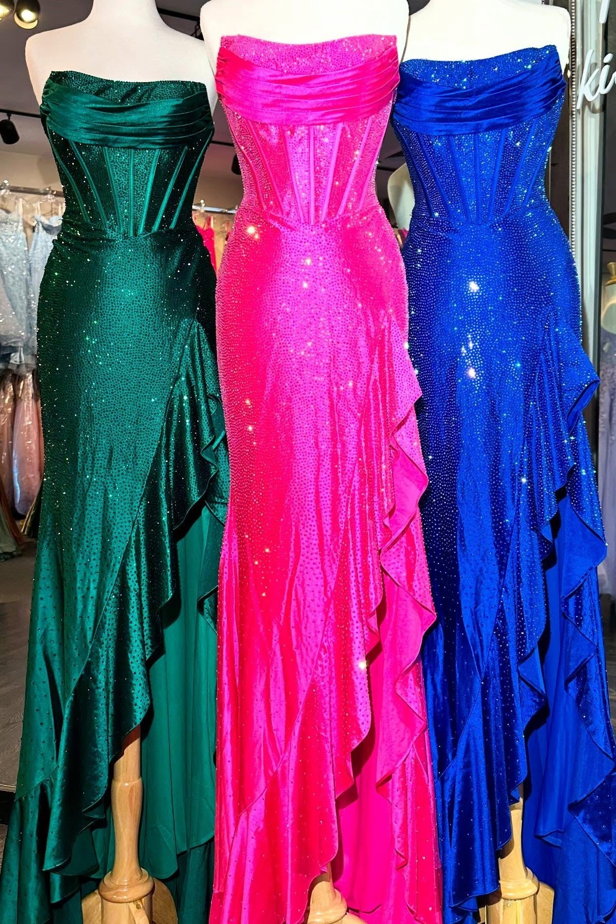 Light Blue Mermaid Strapless Lace Up Long Beaded Prom Dress with Leg Slit - Fashionpara