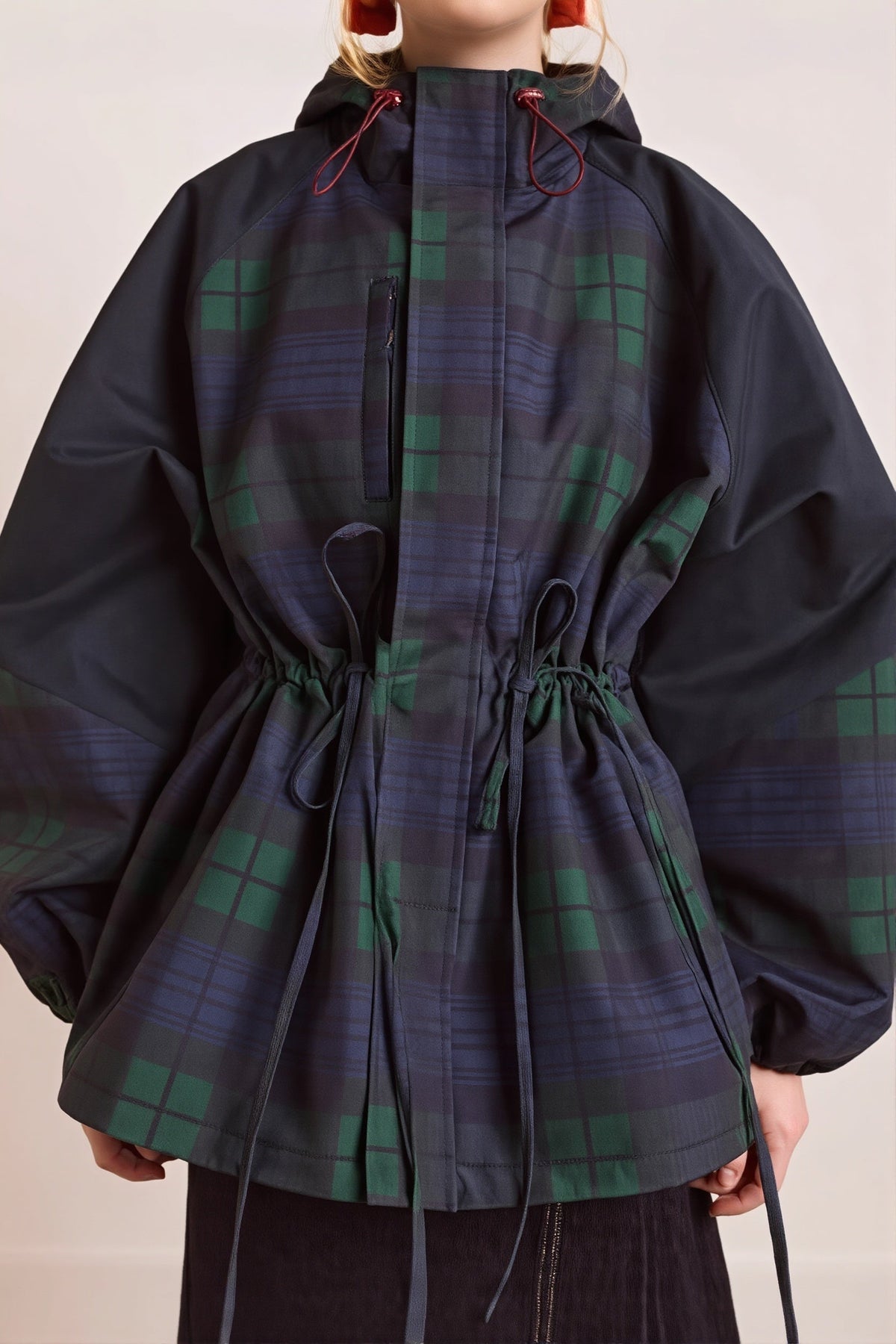 Plaid Hooded Drawstring Waist Coat