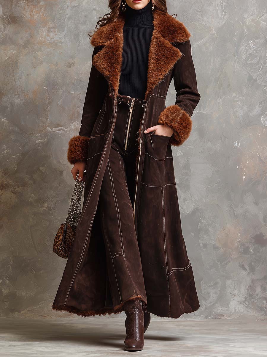 Chocolate Brown Faux Suede Long Coat With Fur Trim – Toscana Winter Luxury