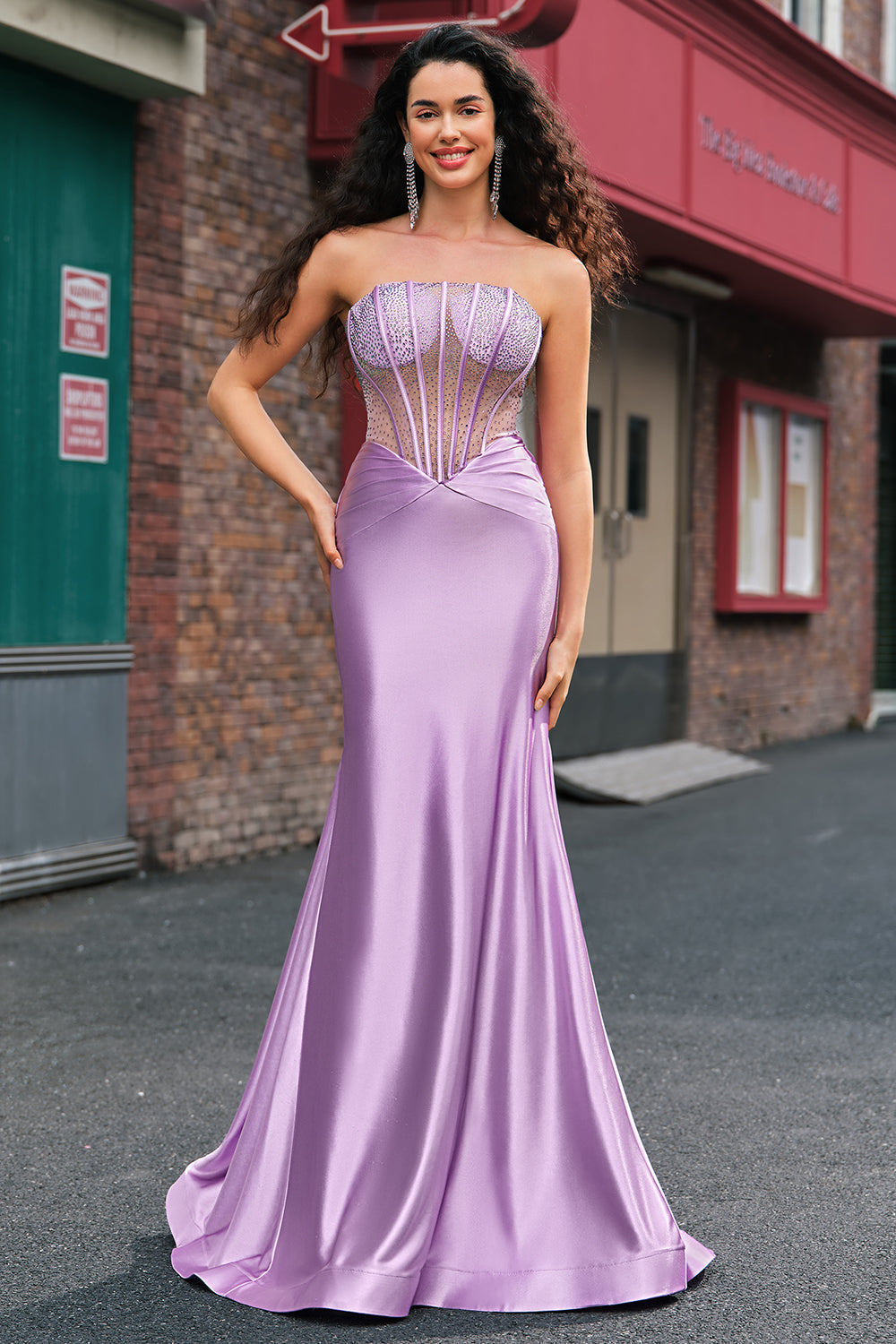 Sparkly Lilac Mermaid Strapless Sheer Corset Long Prom Dress with Beading