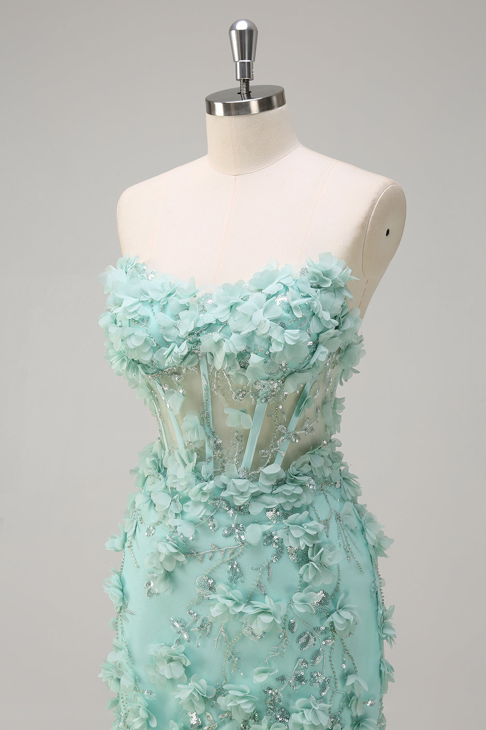 Green Mermaid Strapless Sheer Corset Ruffled Long Prom Dress with 3D Flowers
