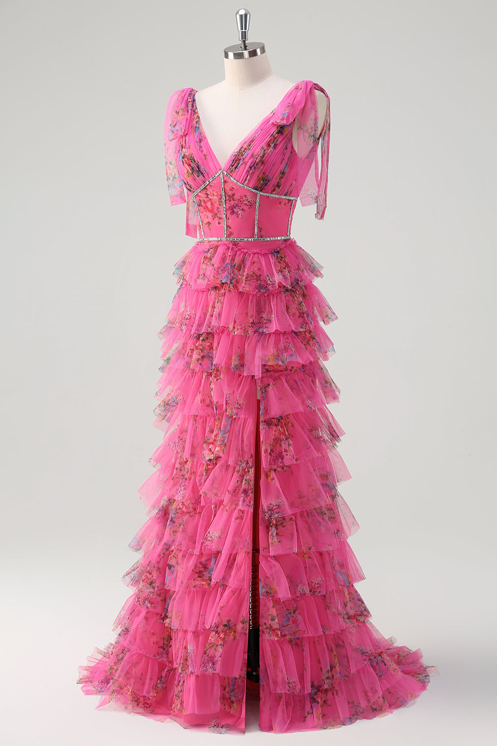 Fuchsia A Line Ruffle V-Neck Tiered Floral Prom Dress with Slit