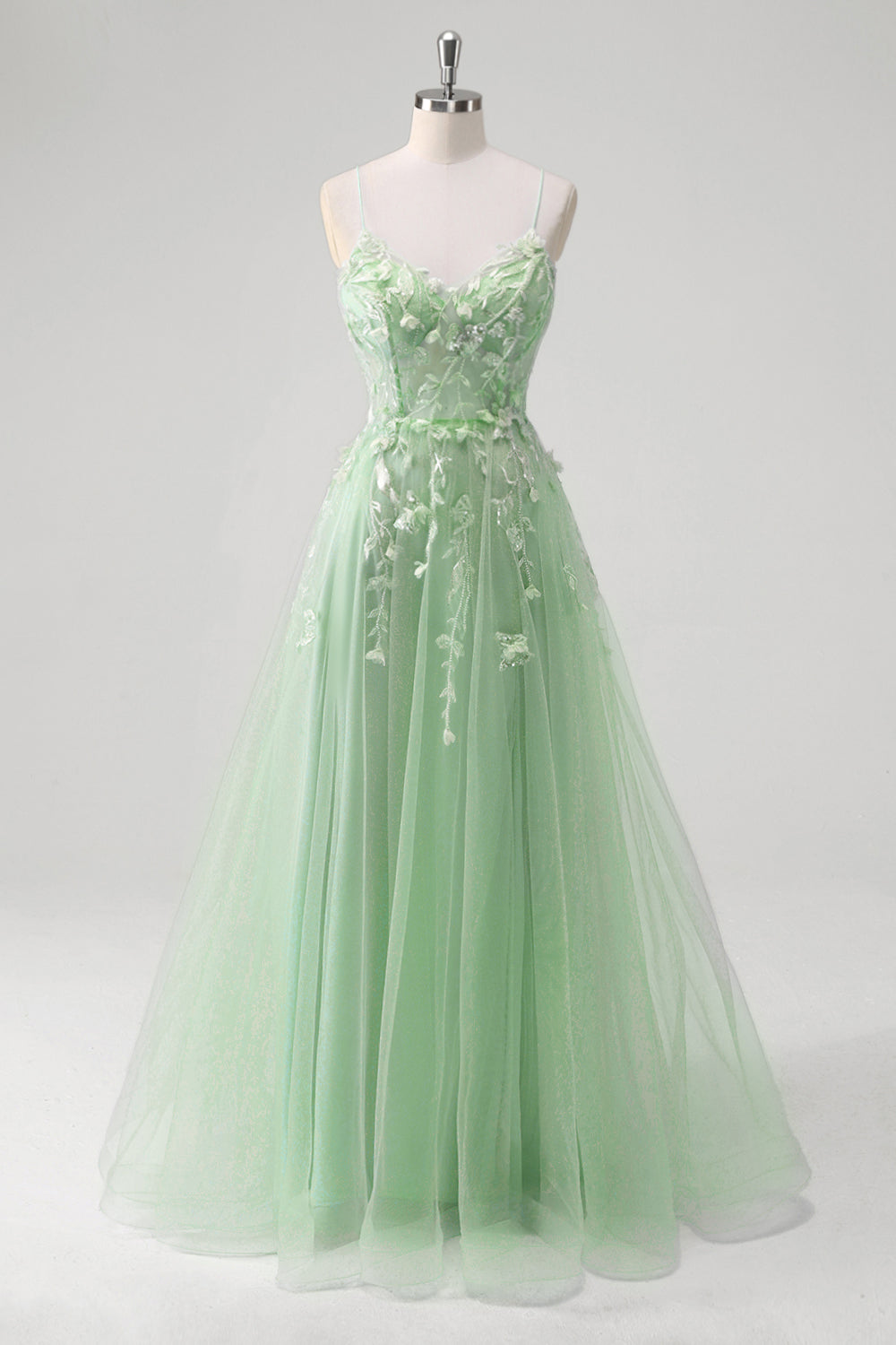 Blue A Line Spaghetti Straps Appliqued Corset Long Prom Dress With Tulle