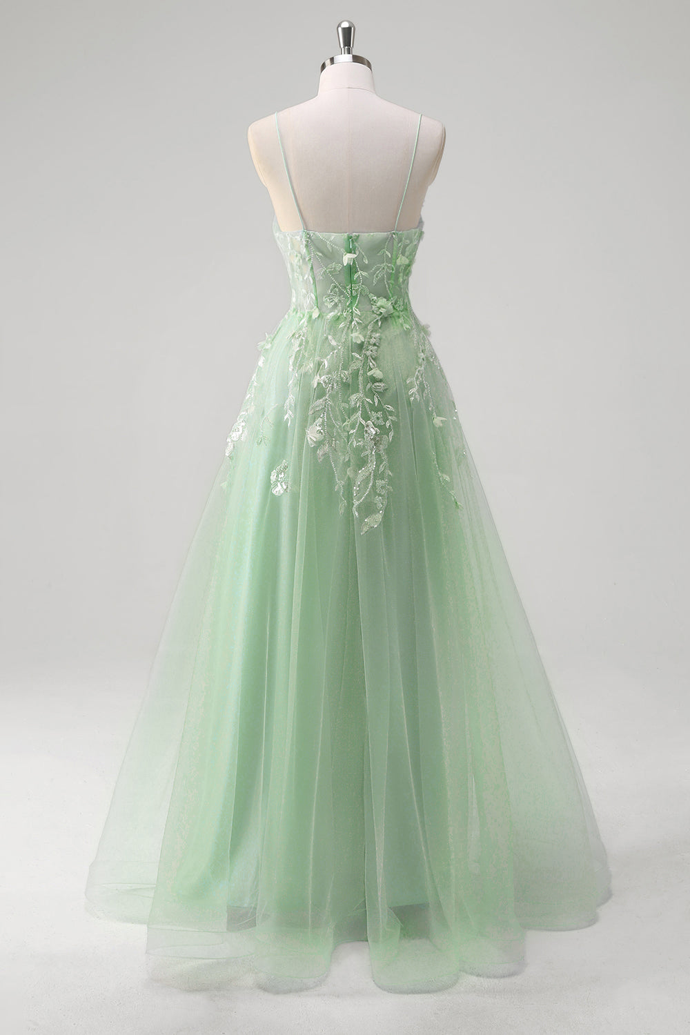Blue A Line Spaghetti Straps Appliqued Corset Long Prom Dress With Tulle