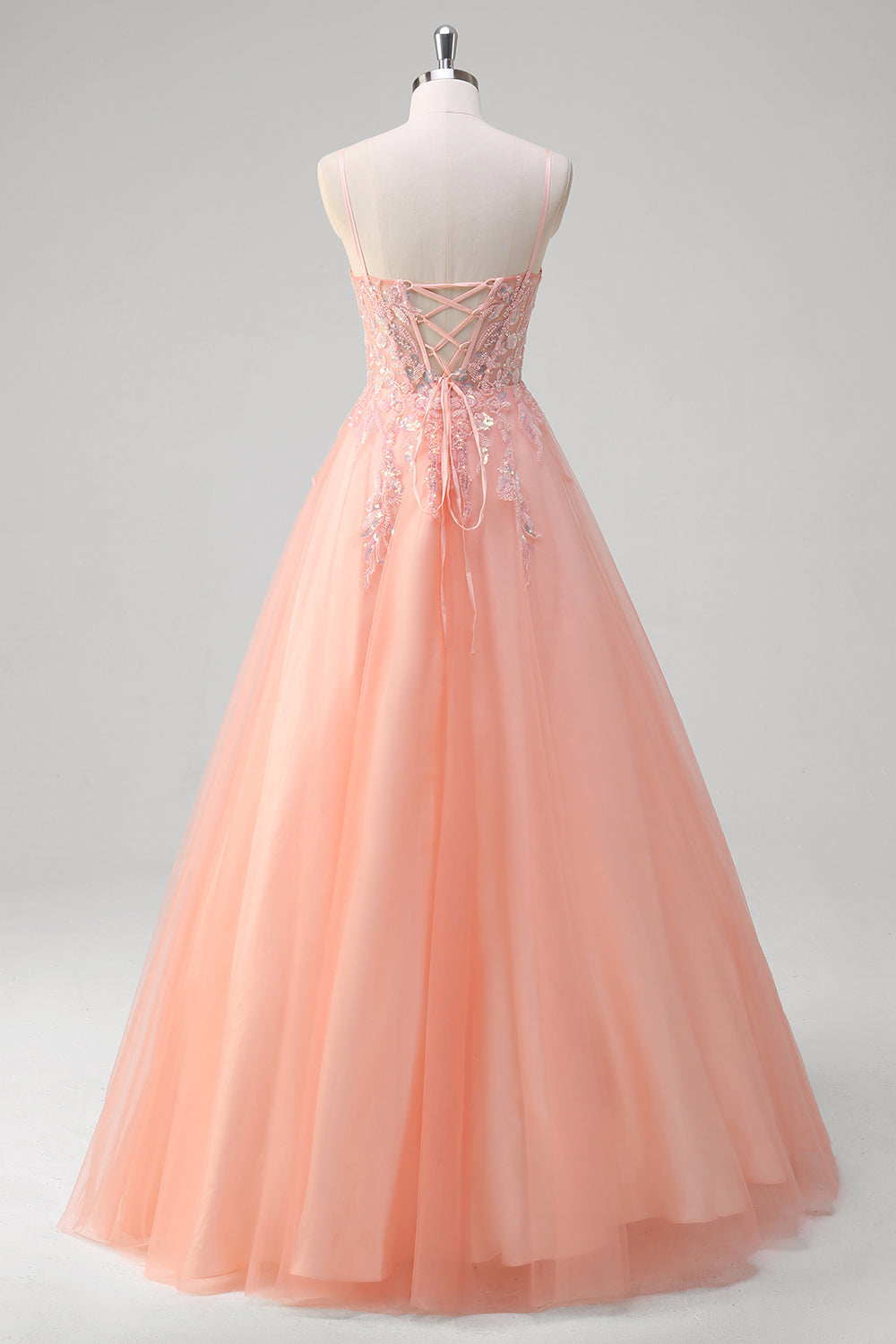 Sparkly Peach A-Line Corset Floral Tulle Long Prom Dress with Beaded
