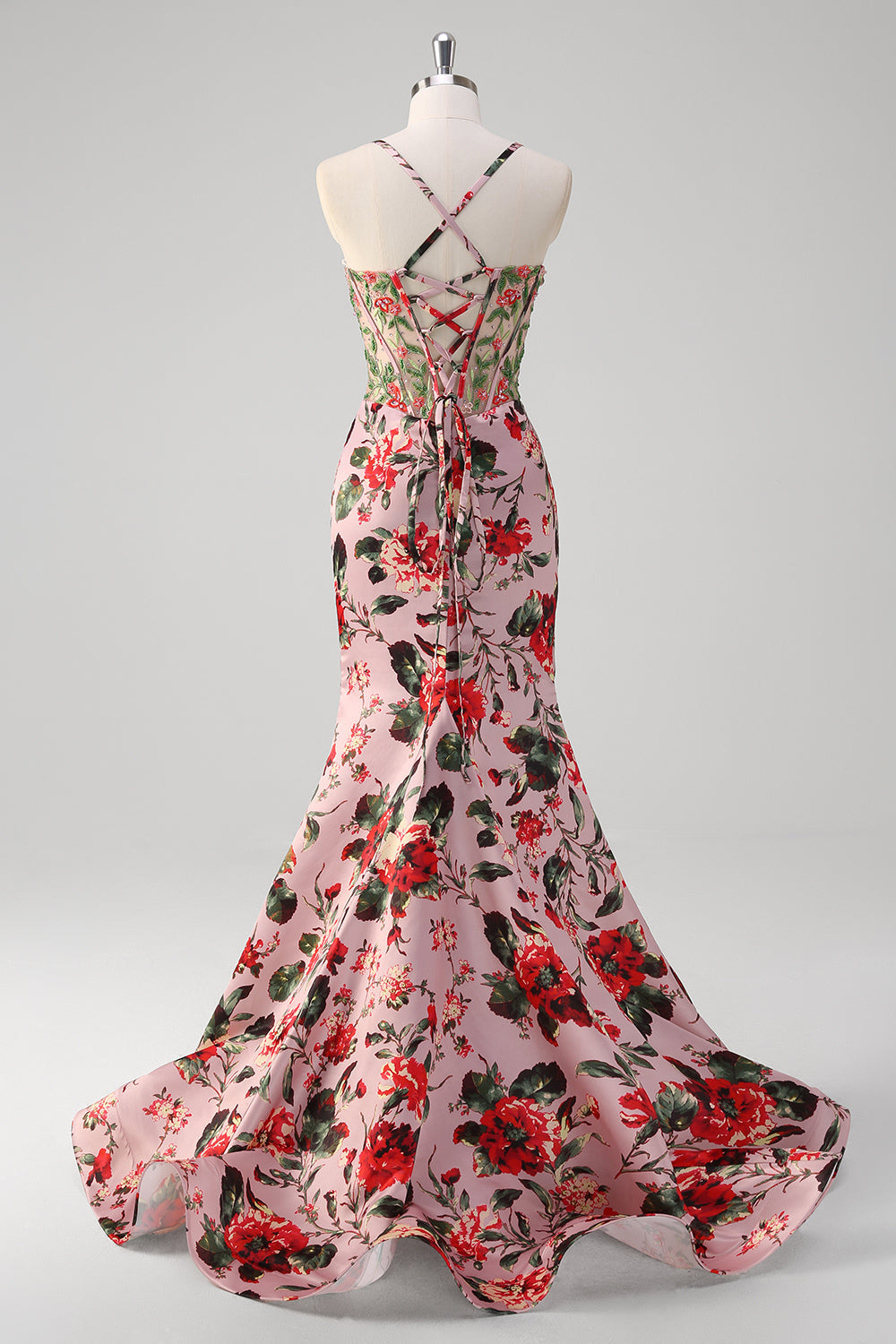 Blush Mermaid Spaghetti Straps Corset Floral Prom Dress - Fashionpara